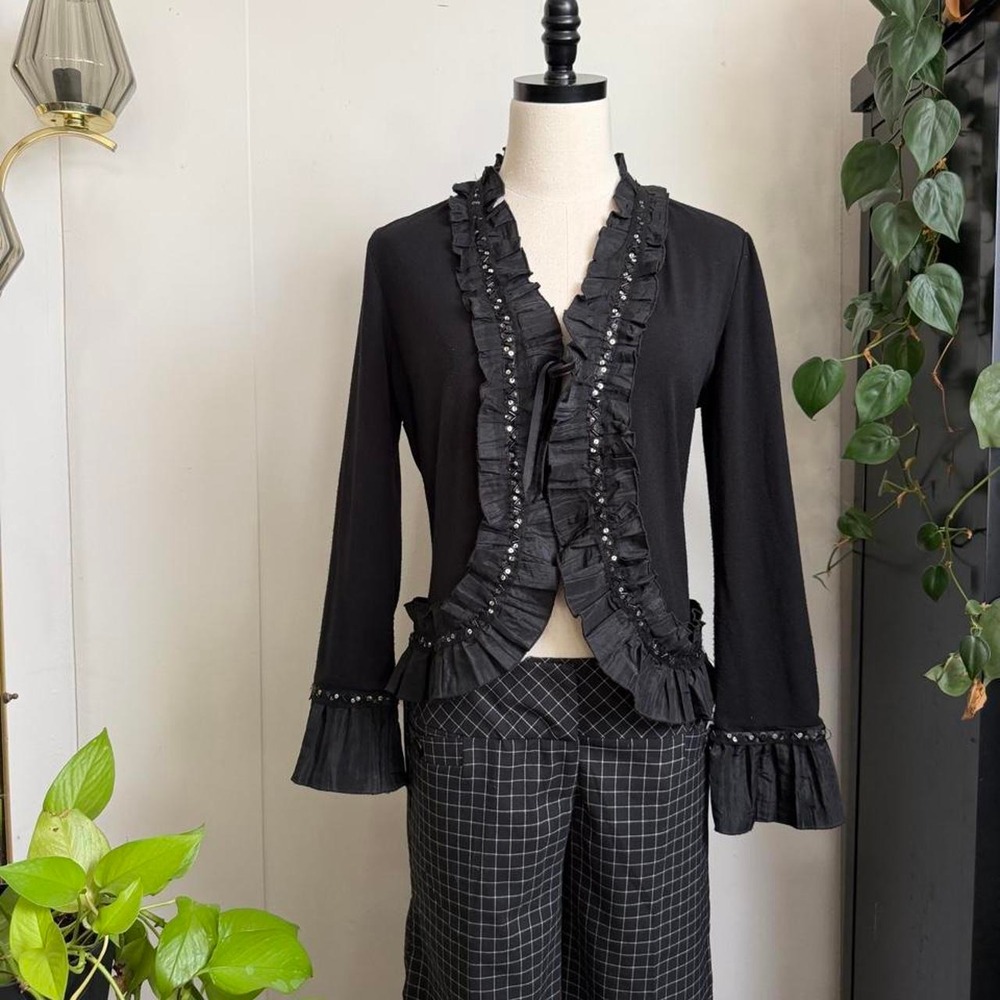 Joseph Ribkoff Vintage Black Ruffle Sequin Tie Front Cardigan Sweater Womens 8